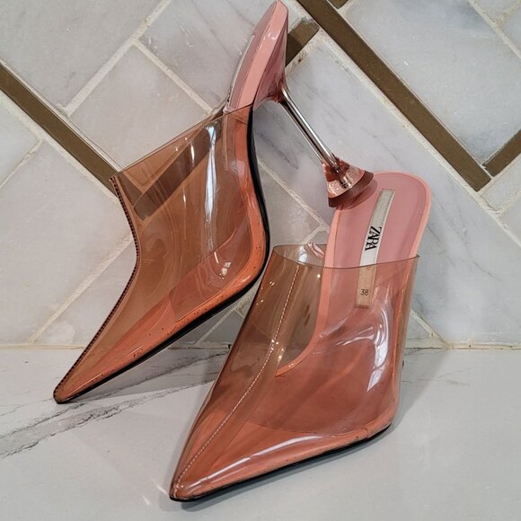 ZARA Vinyl heeled mules pointed toes transparent heels rose color Size 38 US 7.5 - Picture 13 of 15